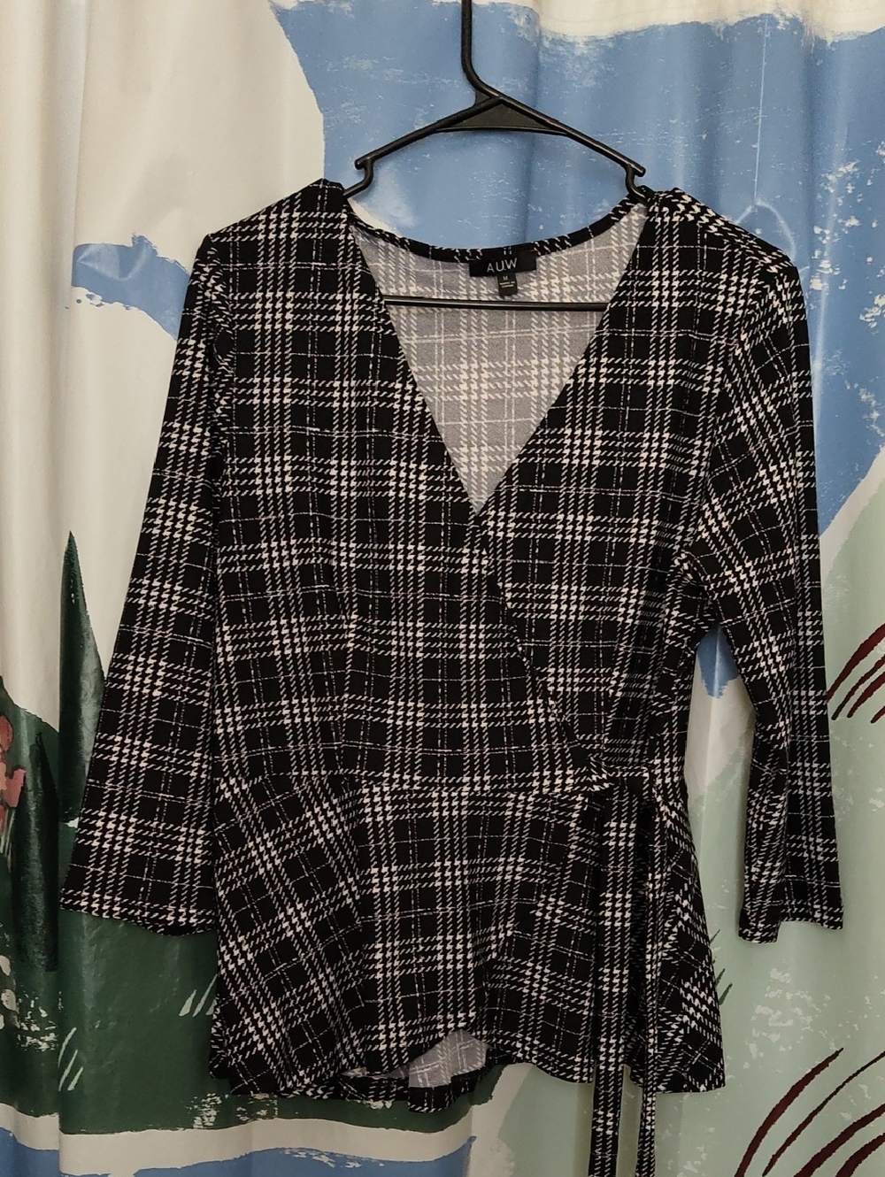 AUW Black & White Plaid Wrap Blouse - Long Sleeve V-Neck